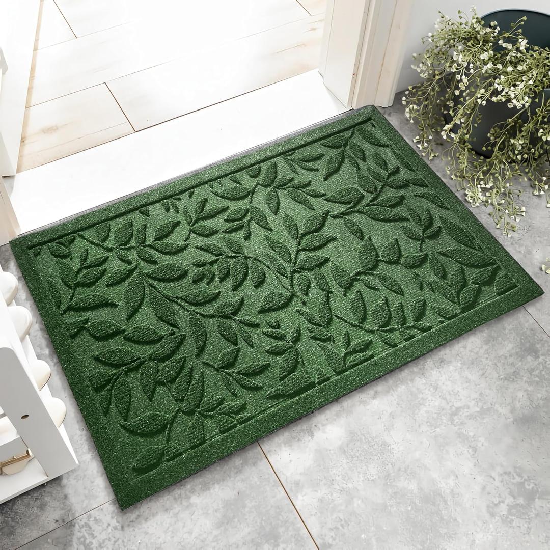 Green Leaves Outdoor Indoor Entrance Door mat, Absorbent Durable Heavy Duty Welcome Front Door Mat,Thick Natural Rubber Back,Easy Clean Entryway Mat 17x30 Inch, Low Profile (1'5" x 2'6" (Rectangular))