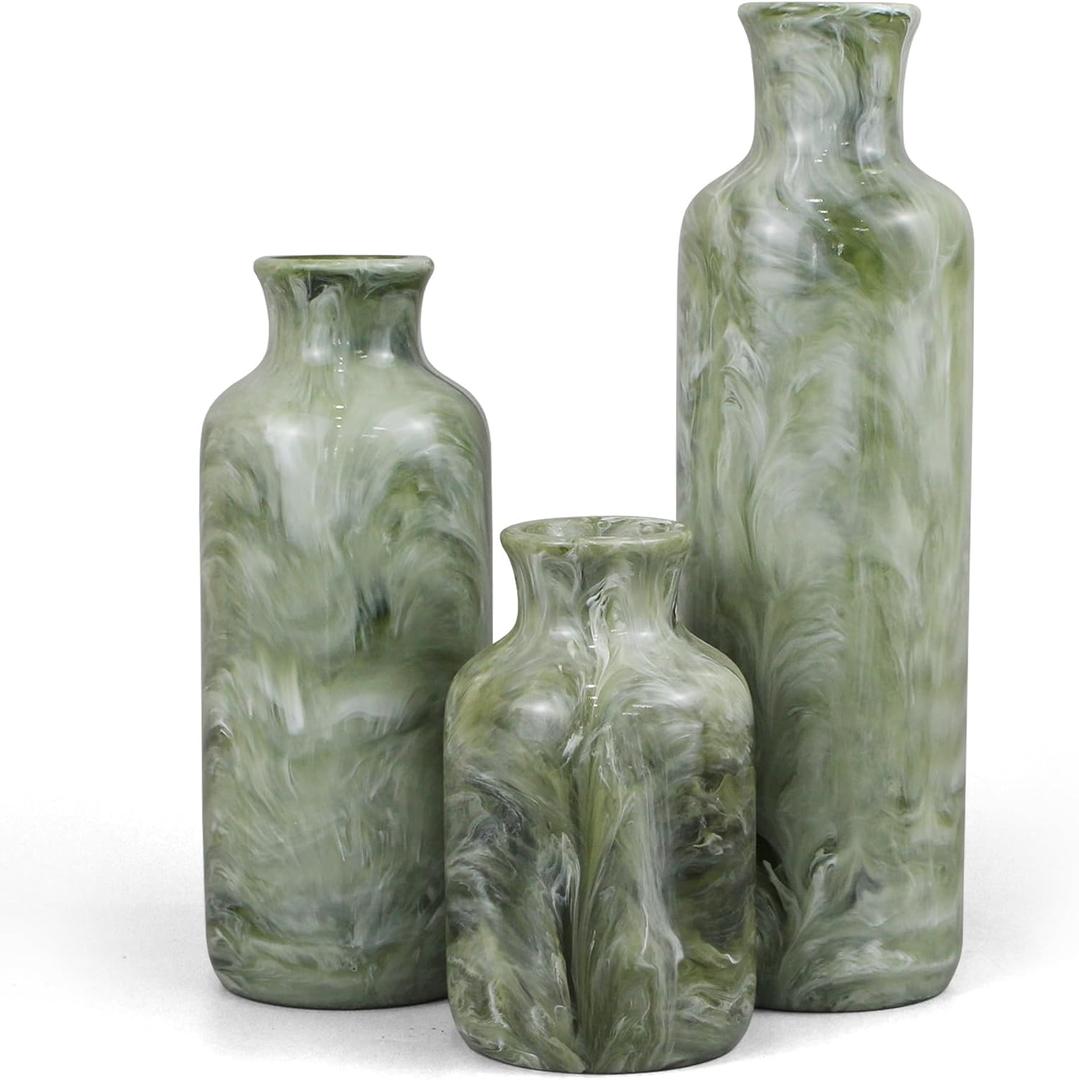 YMXYJM Resin 3 Piece Vase Set, Farmhouse Decor, Home Decorative Vase, Vases for Your Kitchen, Bedroom, Office, Living Room, Bathroom, & Shelf Centerpiece Table Decorations, Green