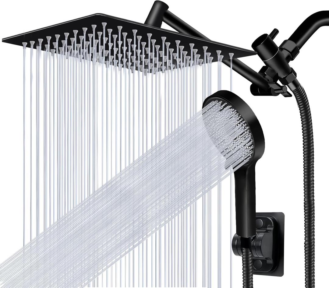 Shower Head,10Rain Shower Head with Handheld Spray Combo with 11'' Angle Adjustable Extension Arm/Flow Regulator/Shower System,High Pressure Rainfall Shower Head Clean Bathroom,Matt Black