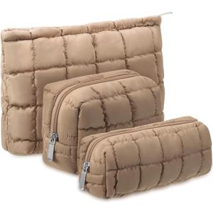 Huhumy 3 Pcs Puffy Makeup Bag Quilted Cosmetic Pouch for Women Cute Checkered Travel Toiletry Bag Puffer Makeup Organizer Purse Pouch Preppy Pencil Case with Zipper (Brown)