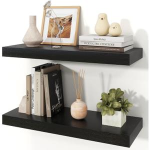 Floating Shelves for Wall, 9.3" Deep Wall Mounted Wood Shelves for Bathroom, Bedroom, Living Room, Kitchen, Hanging Shelf for Books/Storage/Room Decor (Black, 24"), 24" Set of 2