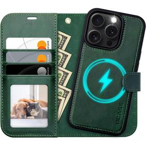 OCASE for iPhone 16 Pro Case Detachable Wallet Case with Card Holder, 2 in 1 Pu Leather Flip Folio with RFID Blocking Stand Wrist Strap Shockproof Phone Cover 6.3 Inch 2024, Blackish Green