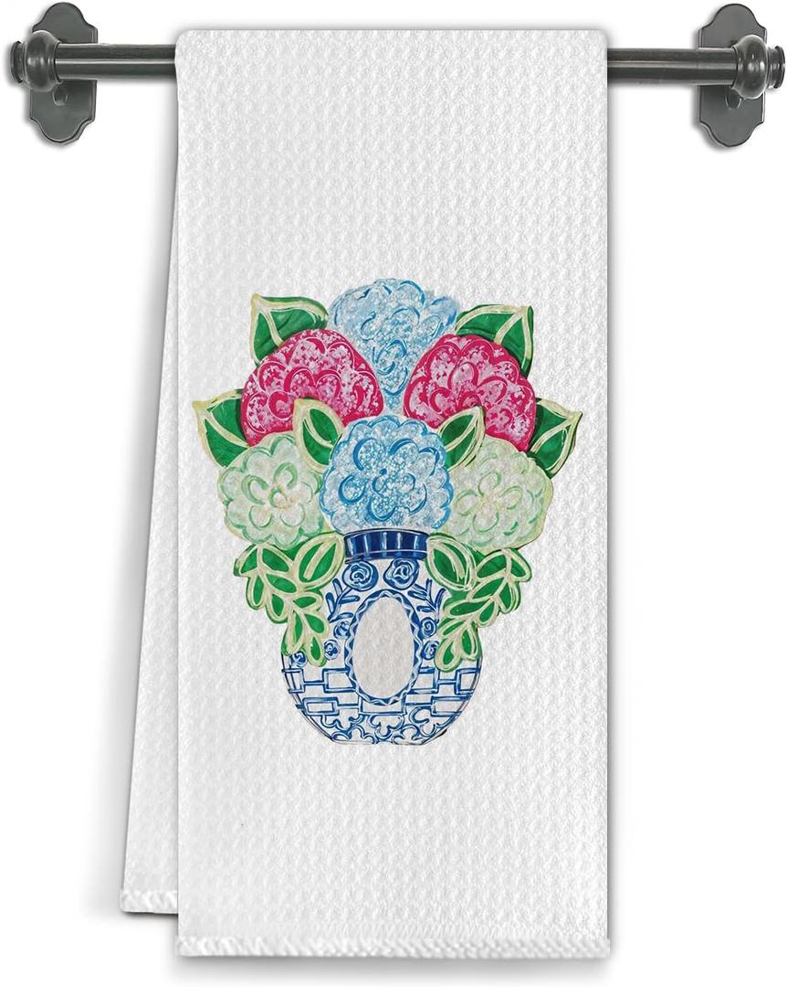 Chinoiserie Hydrangea Bathroom Hand Towels, Grandmillennial Floral Dish Tea Towels for Kitchen Decor, Vintage Hydrangea Flower Hand Towel for Bathroom Decor, 16x24 Inch