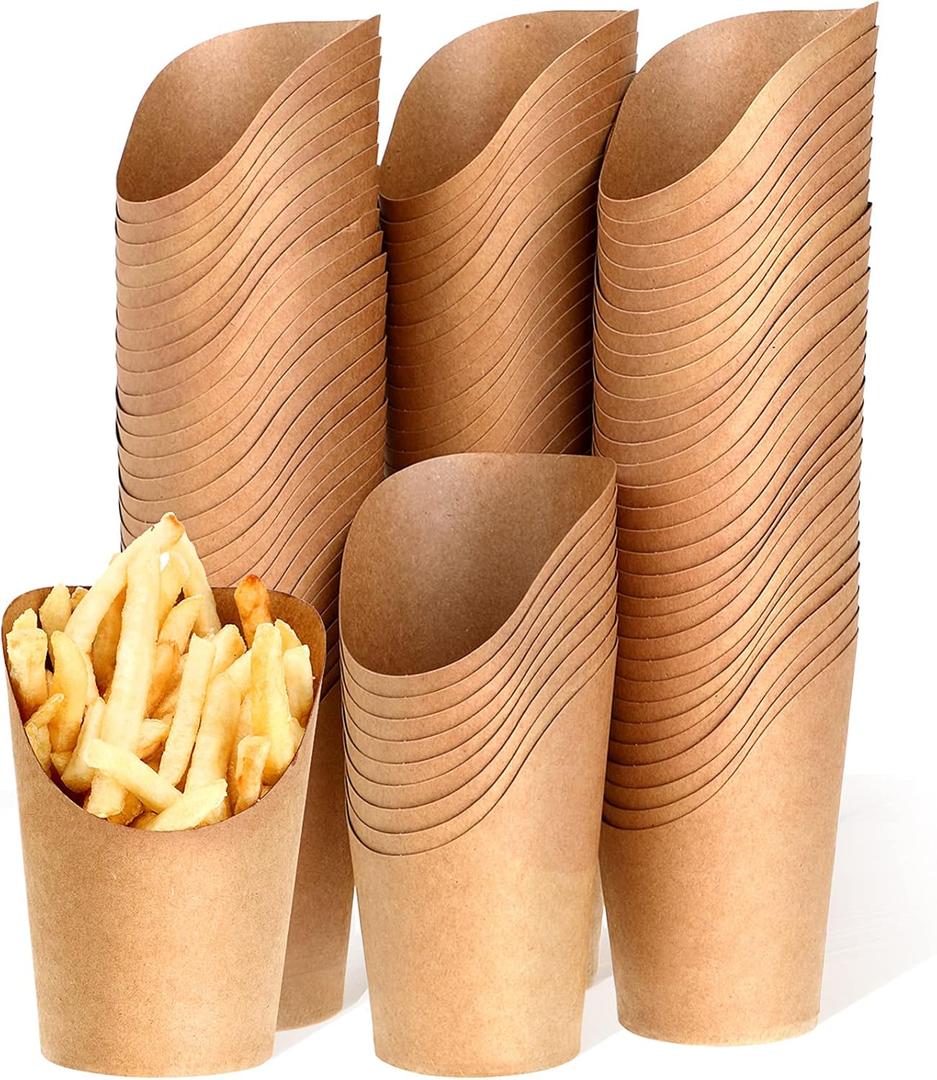 Disposable French Fries Holder 14 oz Take out Party Baking Supplies Waffle Paper Popcorn Sandwich Ice Cream Holder Cup Kraft Paper Container for Wedding Party Food Cones (Brown,200 Pieces)