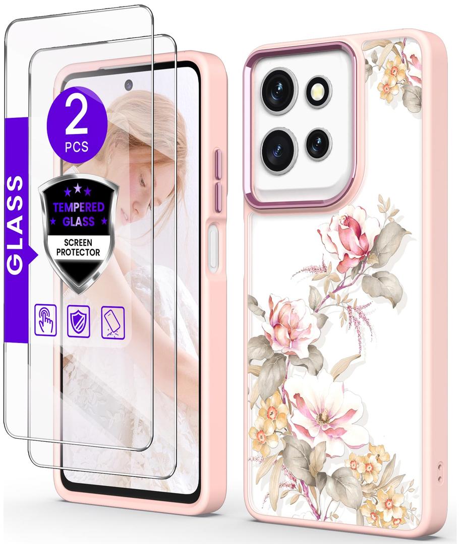 for Motorola G 5G 2025 Case+Tempered Glass Screen Protector, Military Grade Protective Slim Soft TPU+Hard PC,Girls Women Crystal Clear Flower Pattern Case Cover for Moto G 5G 2025 (Ranunculus)