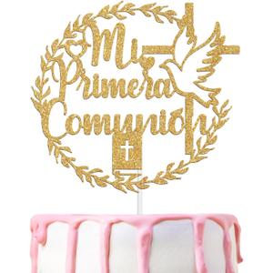 4 x Mi Primera Comunin Cake Topper, Spanish First Holy Communion, Religious Baptism, Christening Baby Shower 1st Birthday Party Decorations Supplies, Gold Glitter