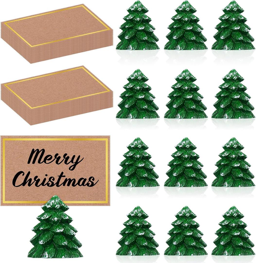 12 Pcs Christmas Tree Place Card Holders with Seating Cards Table Number Holders Place Cards for Christmas Party Wedding Anniversary Birthday Decorations (Green)