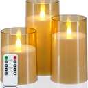Homemory Realistic Flickering Flameless Candles, Battery Operated Candles with Remote Control and Timer, LED Fake Electric Candle for Home, Christmas Decoration, Gold, Set of 3