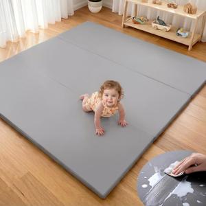Mallify Foldable Baby Play Mat, 50''x50'' Waterproof Thicken Foam Vegan Leather Playpen Mat for Infants and Toddlers, Portable Baby Mat for Floor, Grey