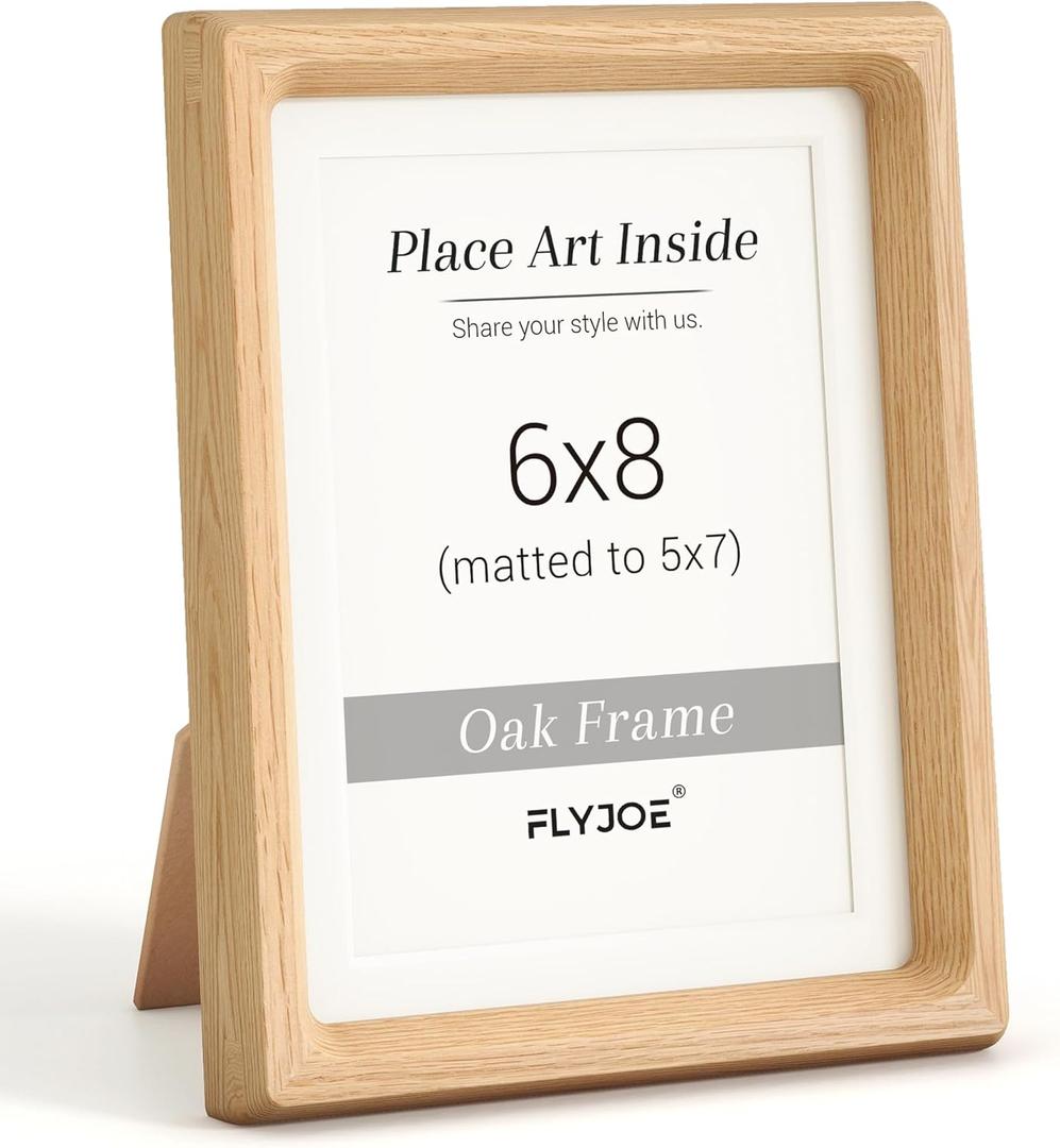 6x8 Picture frame, USA-Sourced Natural Oak Wood Photo Frame with Tempered Glass, Handcrafted Rounded Corner 6 x 8 Wooden Frame Matted to 5x7 Photos, Wall or Tabletop Display