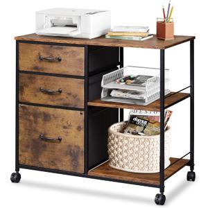 DEVAISE 3 Drawer Mobile File Cabinet, Rolling Printer Stand with Open Storage Shelf, Fabric Lateral Filing Cabinet fits A4 or Letter Size for Home Office, Rustic Brown Wood Grain Print