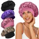 4Pcs Satin Bonnet Silk Bonnet, Hair Bonnet for Sleeping, Elastic Wide Band Sleep Cap, Soft and Breathable Silk Hair Wrap for Sleeping (Black Purple Rose Leopard)