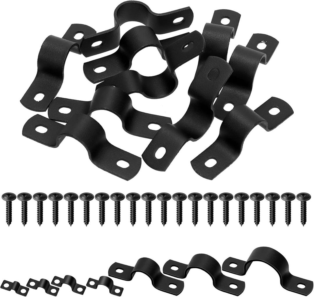 Tanstic 10Pcs Black Two Hole Pipe Strap, 3/4” Two Hole Strap U Bracket Rigid Pipe Strap Pipe Strap Clamp with Phillips Modified Truss Head Wood Screws for Fixing Pipe, Conduit, U Bracket