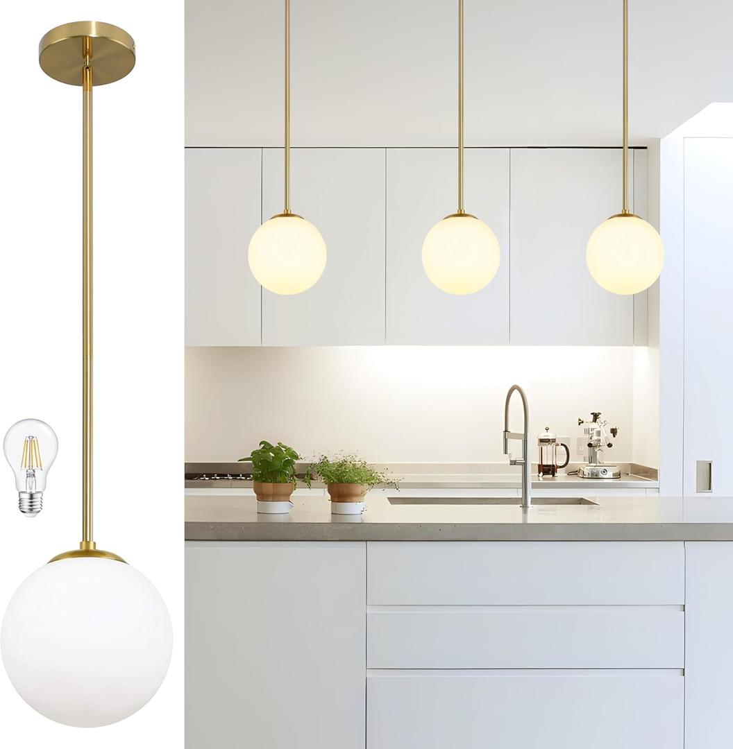 8" Globe Pendant Light Gold Mid Century Modern Light Fixture Globe Pendant Lights Kitchen Island Milk Glass Pendant Light Brushed Brass Finished with Milk Glass Lampshade for Dining Room
