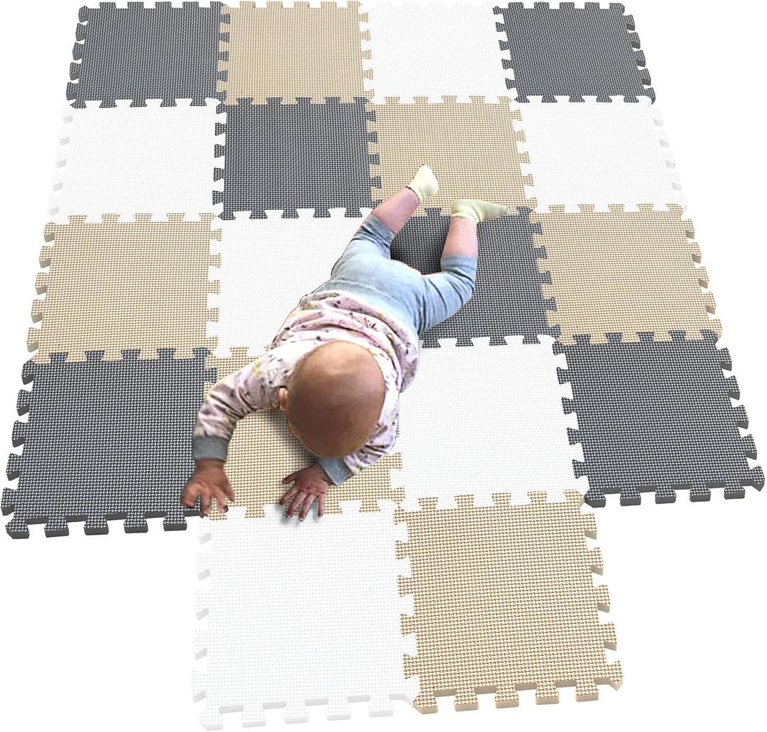 MQIAOHAM 18 Pieces Puzzle Play Mats, Soft Baby Play Mat, Kids Interlocking Foam Floor Tiles, Toddlers Carpet Playmats G301018-101110112 (871721cm, White Beige Grey)