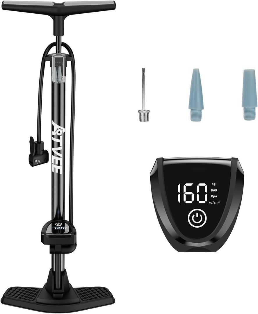 Bike Pump, 25 Height Full Size Bicycle Pump with 160 PSI High Pressure, Bike tire Pump with Presta and Schrader Valve, Bike Air Pump for Bike Tires, Balls and Swimming Ring,Bike Pumps with Psi Gauge