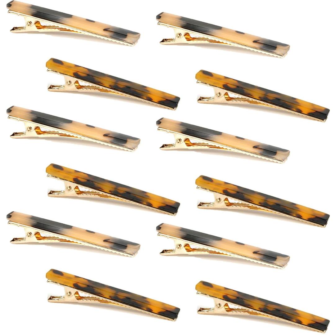 Cobahom Leopard Print and Tortoise Shell Hair Clips - 12 Pack Metal Duck Teeth Pins for Styling, 2.36 Inch