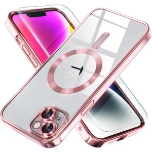 Misea Magnetic for iPhone 14 Case Compatible with MagSafe [Never Yellowing] [Military Grade Drop Protection] Full Camera Lens Protector Plating Soft Clear Phone Case for Women Girls, Pink