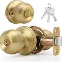 Brushed Gold Ball Design Door Knob with Keys and Lock, Keyed Entry Round Shaped Doorknob for Front/Entrance Doors, Satin Brass Finish (1 Pack)
