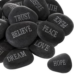 12PCS DIY Rocks for Engraved Inspirational Polished Garden Stones, Natural Encouragement Personalized Healing Decor River Stone - Unique Gift for Friends Arts Crafts (12 Different Words) (Black)