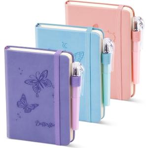 Small Notebook College Ruled, 3 Pack (3 color) 3.7x5.7 in Pocket Notebook A6 Butterfly Journaling Notebooks Mini Hardcover Lined Note Pads with Pens for Work Business Travel and Office Supplies