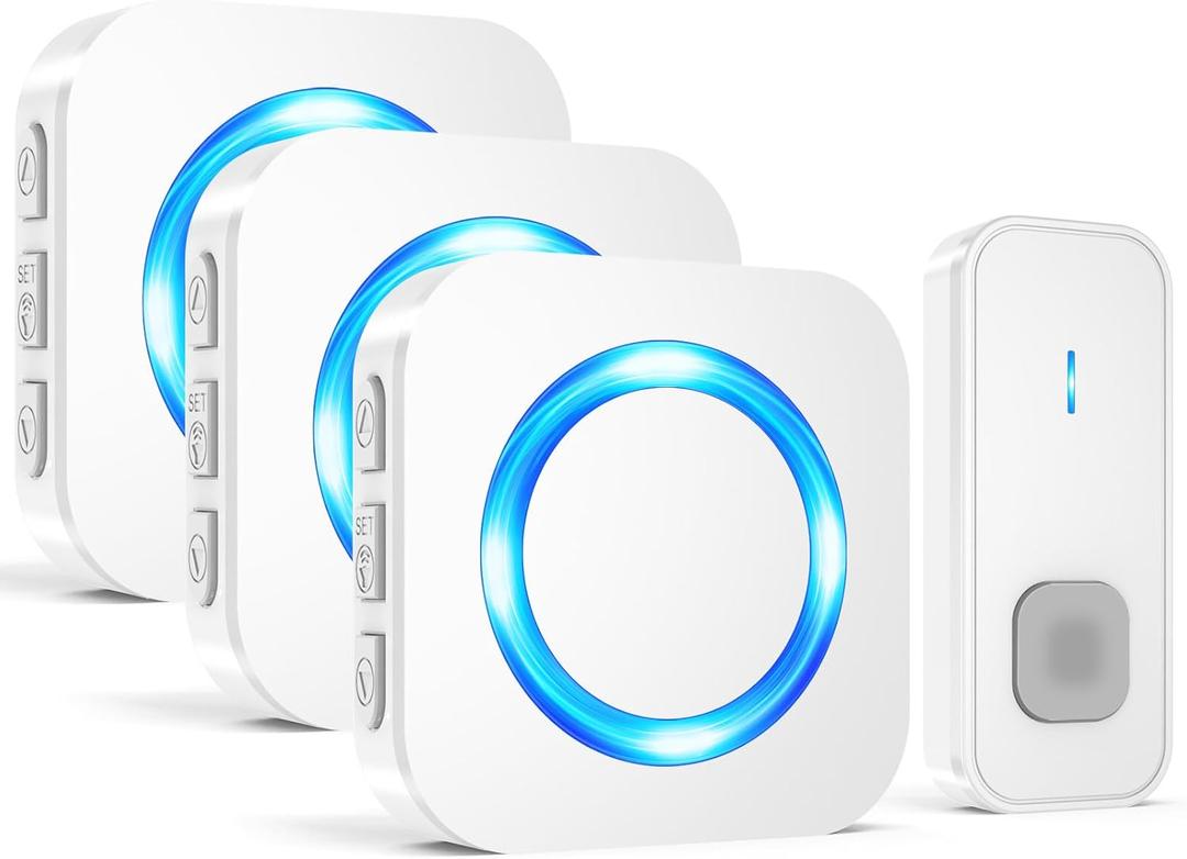 Wireless Doorbell, Waterproof Doorbell Operating at 1300-ft Range with 55 Ringtones 5 Volume Levels and Mute Mode LED Flash,1 Transmitter/Push Button+3 Receivers Door Bells for Home Classroom(White)