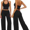 QBGJTD Womens Workout Sets Two Piece Spaghetti Straps Crop Top Matching Straight Leg Pants Gym Work Pilates Outfits (Medium, Halter Black)