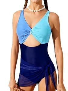 Funnycokid Girls One Piece Swimsuit Bathing Suit Twist-Knot Blue Color Block Adjustable Straps Pad Teen Swimwear with Cover Up Skirt Size 14-16