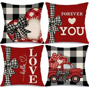 Valentine's Day Forever Love You Throw Pillow Covers 18x18 Set of 4 Buffalo Plaid Bow Truck Valentine Heart Wedding Cushion Case Decoration for Sofa Couch