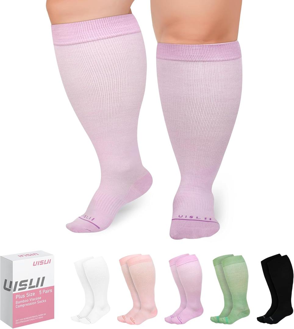 UISLII Plus Size Compression Socks Wide Calf Women Men,5 Pairs 20-30mmHg Extra Width Calf Viscose Knee High Compression Socks for Circulation Support (XL, Black/White/Purple/Green/Pink)