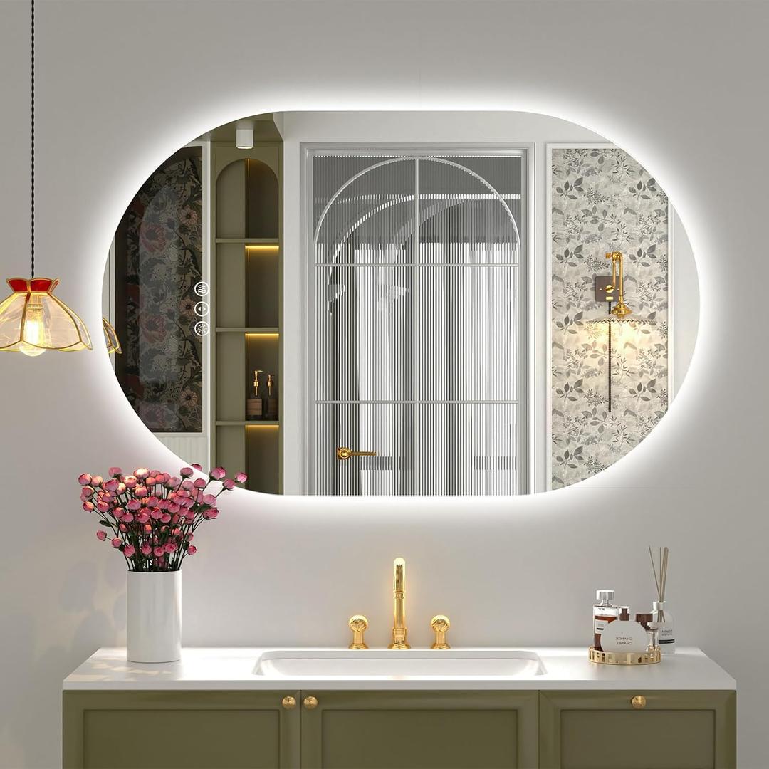 SMIROR Oval Backlit LED Bathroom Mirror, 40x30 Pill-Shaped Lighted Vanity Mirror with Lights for Wall, Dimmable, 3 Colors Lighting, Anti-Fog, Memory Function (Horizontal/Vertical)