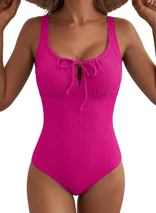 Aleumdr Womens Textured One Piece Swimsuit Tummy Control Bathing Suit Tie Knot Cutout Swimwear, Rose Textured 2XL