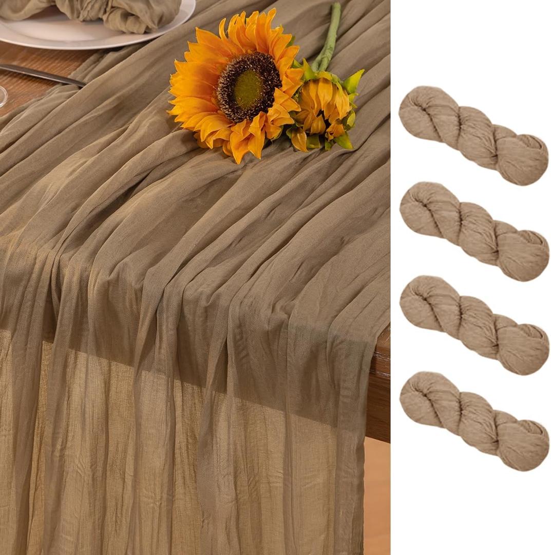 Nude Cheesecloth Table Runner 4 Pack Summer Sheer Coffee Cheese Cloth Table Runners Boho Gauze 120 Inches Summer Table Decorations for Nude Wedding Bridal Baby Shower Tea Party Decor