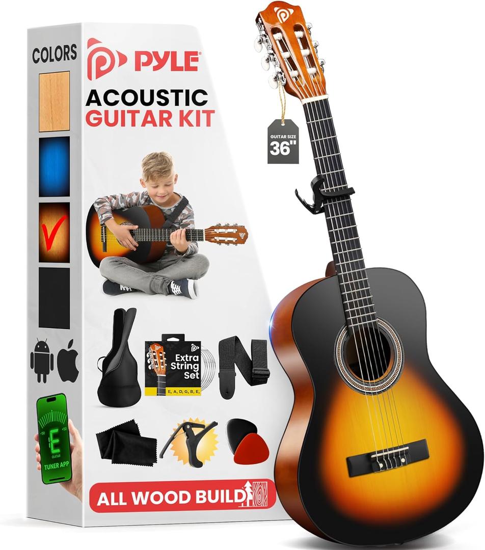 Pyle Beginner Acoustic Guitar Kit, 4/4 Full Size All Wood Instrument for Beginners, Adults, 39" Sunburst Teardrop Matte