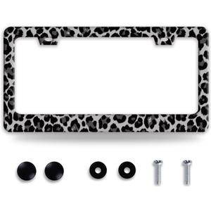 Black Gray Leopard Print License Plate Frame Beautiful Cheetah Print License Plate Holder Funny Stainless Steel Accessories Cars Decor with 2 Holes and Screws Fits Standard Us Ca Vehicles 12.2 X 6 in