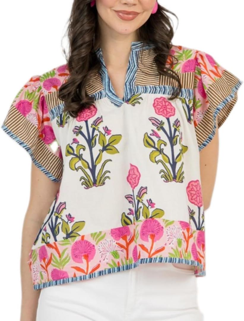 Women Y2K Ruffle Cap Sleeve Top Boho Floral V Neck Shirt Peplum Babydoll Patchwork Blouse Shirt Going Out (Large)