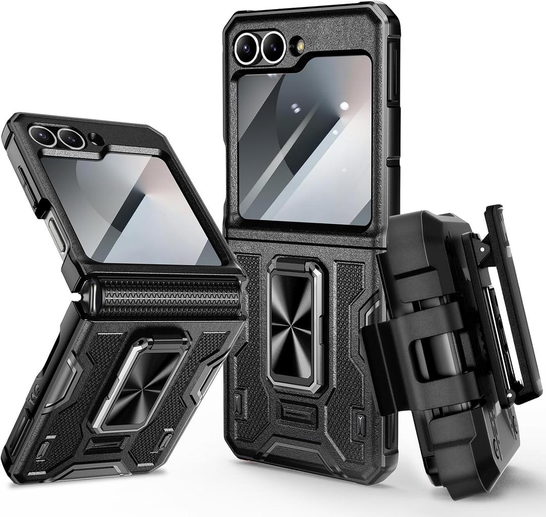 VEGO for Galaxy Z Flip 6 Case, 360 Rotatable Ring Kickstand & Belt Clip Holster & Tempered Glass Camera Screen Protector & Hinge Protection, Shockproof Case for Samsung Flip 6 5G - Black