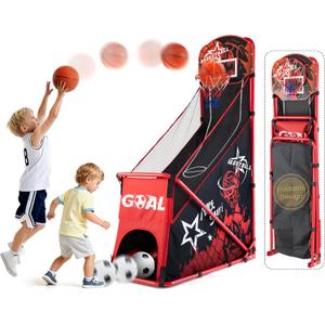 Basketball Arcade Game for Kids: Foldable Basketball Hoop Set with Soccer Goal- Portable Indoor Outdoor Sports Play Toy- Gift for Ages 3-12 Boys Girls- Air Pump and 3 Balls Included