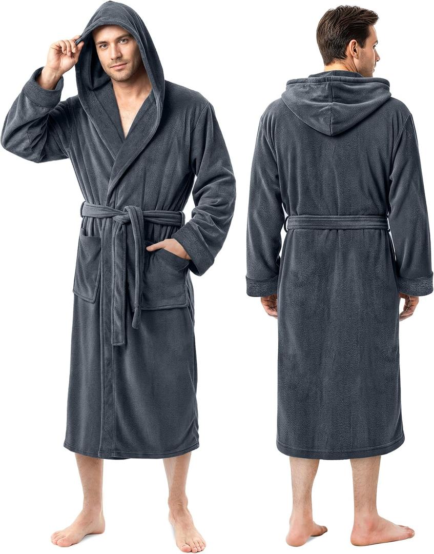 Luxury Soft Mens Robe with Hood Plush Fleece Long Bathrobe, L/XL, Grey
