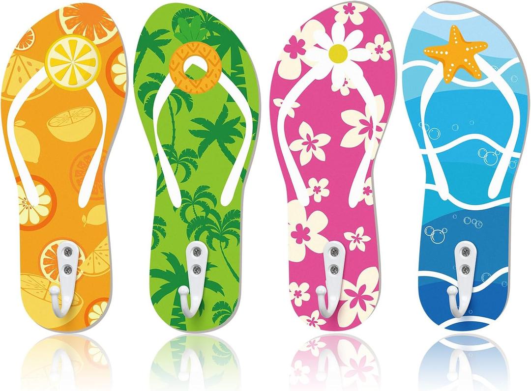 4 Pcs Hawaiian Pool Towel Hooks Wooden Ornament Hooks Hawaii Decorative Wall Hooks Towel Rack Hangers for Beach Swimming Pool Bathroom Bedroom Decoration