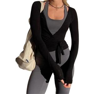 Women Wrap Tie Top Y2k Long SLeeve Ballet Workout Yoga Shirt Coquette Blouses (Medium, Black)