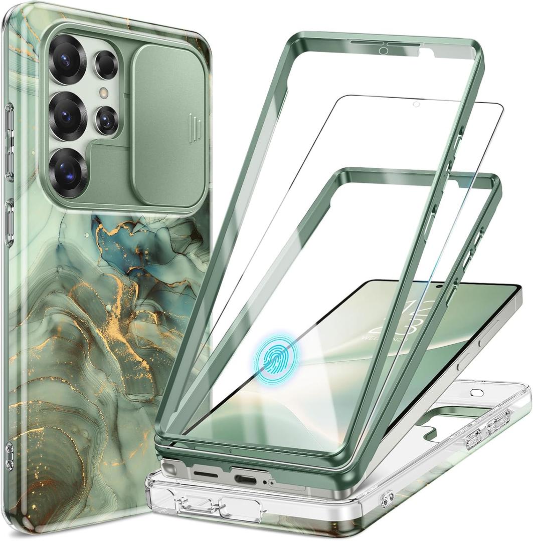GVIEWIN for Samsung Galaxy S25 Ultra Case, [Slide Camera Cover & Built-in HD Screen Protector] [2 Front Frames] Shockproof Military Grade Protective Marble Phone Case 6.9" (Desert Dream/Green)