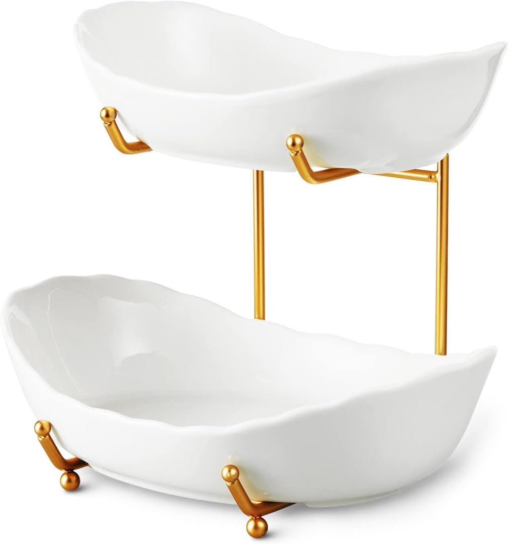 2 Tier Ceramic Fruit Bowl for Kitchen Counter, Tiered Fruit Basket for Countertop, Modern Multi Layer Fruit Display Stand for Party, Cute & Small (Gold&White)