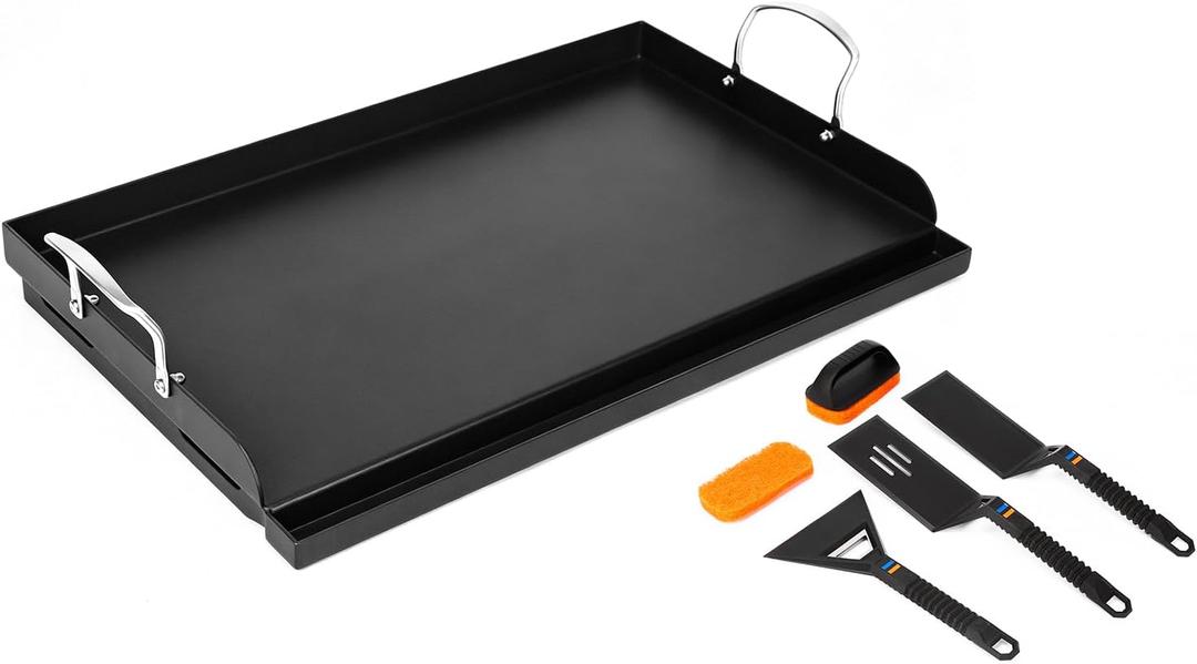 QuliMetal 25" x 16" Cast Iron Grill Griddle Kit, Pre-Seasoned Flat Top Griddle Plate with Scratch-Safe Accessories, Universal Outdoor Griddle for Gas Grill, Charcoal Grill, Camping, BBQ & Tailgating