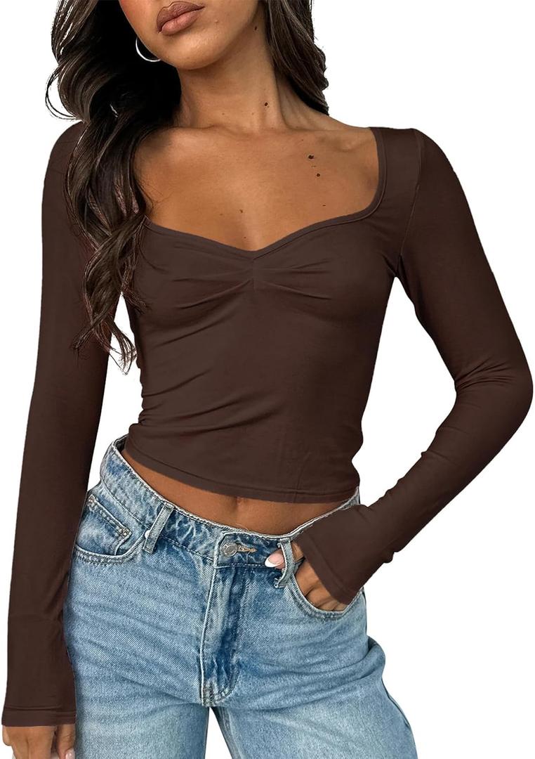 ForeFair Women's Sexy Long Sleeve Going Out Tops Pleated Bustier Shirt Cute Sweetheart Neck Y2K Cropped Top (Brown, S)
