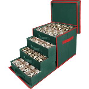 WDZREE Premium Large Christmas Ornament Storage,Box with Side Open, Drawer Style Trays - 3" Compartment, 4 Trays, Keeps 64 Holiday Ornaments -Made of Durable 600D Oxford Fabric Tear-Proof Material (Green)