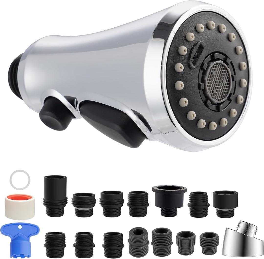 Hibbent Pull Down Kitchen Faucet Head Replacement, 3-Function Kitchen Faucet Head Sink Spray Nozzle with 15 Adapters Compatible with Moen, American Standard, Delta, Kohler Faucets, Chrome