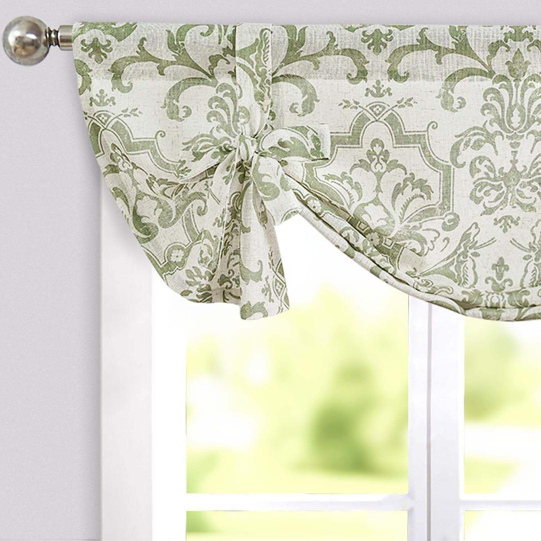 jinchan Linen Tie Up Valance for Window Flax Floral Drapes Vintage Farmhouse Medallion Window Treatments Light Filtering Curtain for Living Room Laundry Rod Pocket 1 Panel 36 Inch Sage Green