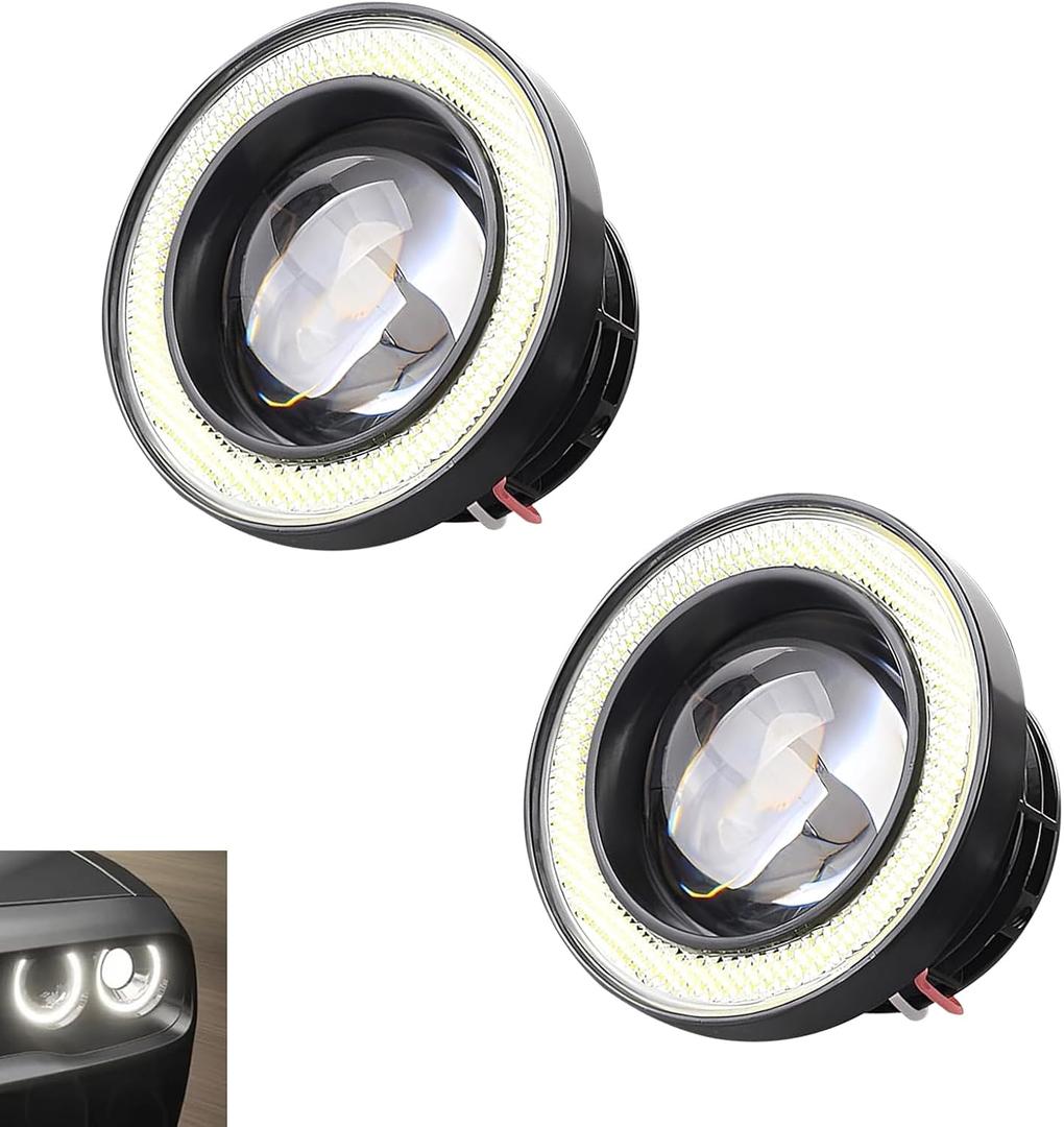 2 PCS Car Angel Eye LED Fog Light, 3" Super Bright COB Aperture Fish Eye Lens Spotlight, Anti-vibration No Flickering Daytime Running Bulb, Universal Modified Bulb for Cars (White)