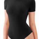 REORIA Women's Crew Neck Short Sleeve Thong Bodysuits Double Lined Comfy Slim T Shirt Tops, M